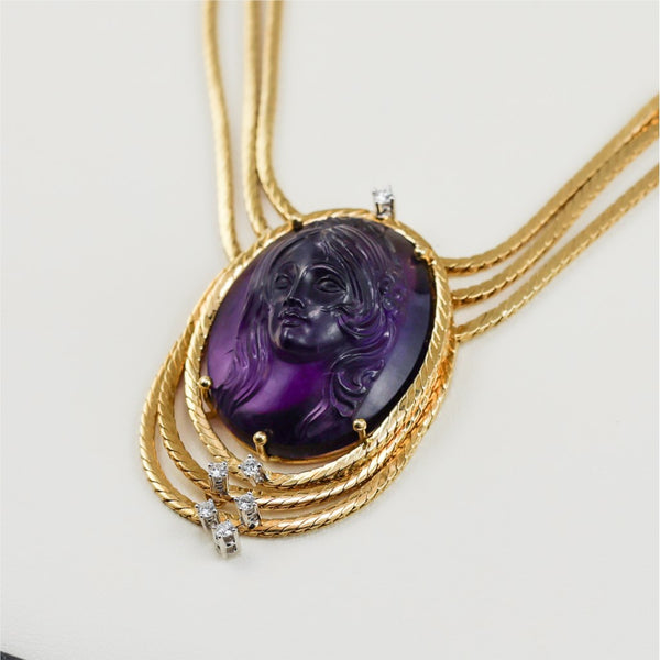 Signed Garrard 18Kt Yellow Gold Carved Amethyst And Diamond Necklace