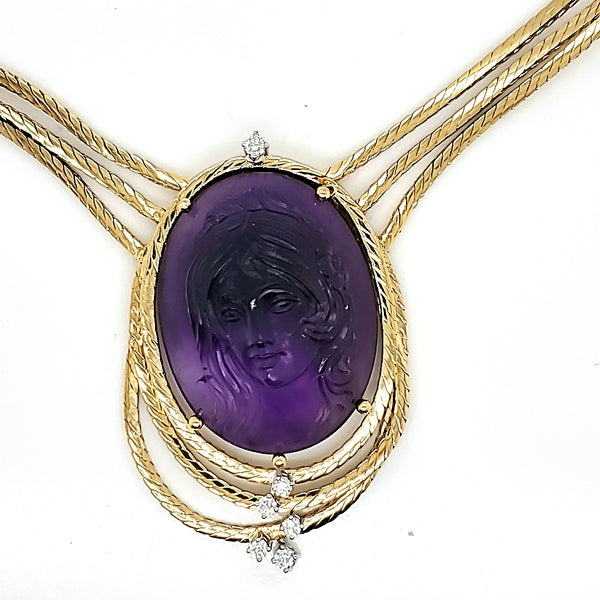 Signed Garrard 18Kt Yellow Gold Carved Amethyst And Diamond Necklace