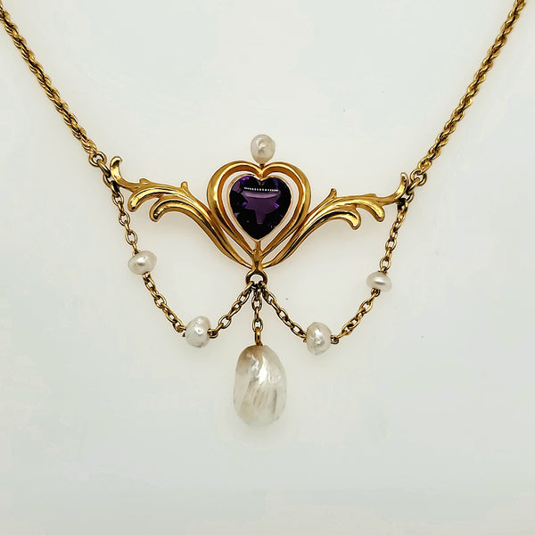 Art Nouveau 18kt Yellow Gold Amethyst and Pearl Festoon Necklace