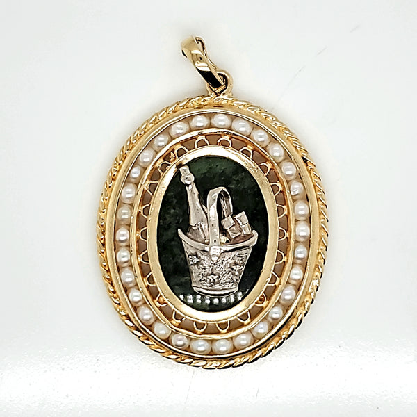 Vintage Mid-Century 14kt Gold Malacite Pearl and Diamond Pendant