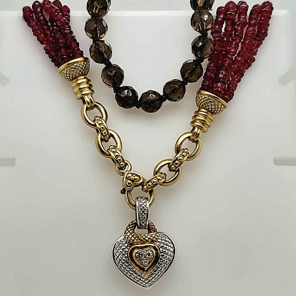 Judith Ripka 18Kt Yellow Gold Silver Diamond Ruby And Smoky Quartz Necklace