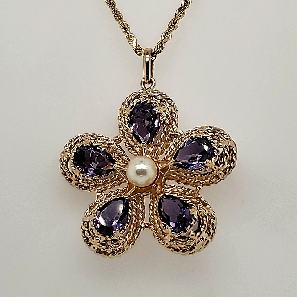 Vintage 14kt Yellow Gold Amethyst and Pearl Pendant Necklace