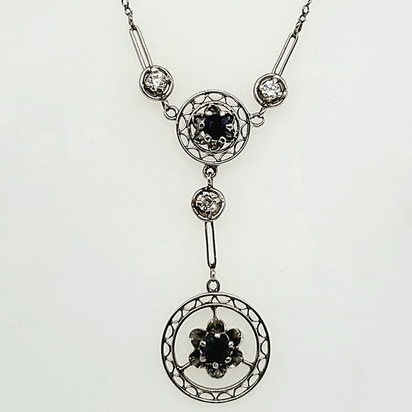 Victorian Platinum and Sapphire and Diamond Lavalier Necklace