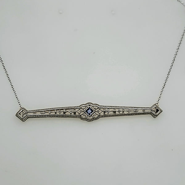 Art Deco White Gold And Montana Sapphire East/West Necklace