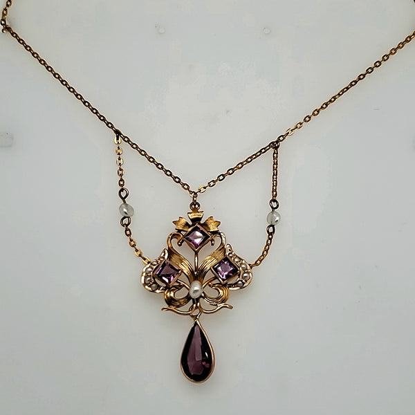 Art Nouveau 14kt Yellow Gold Amethyst and Pearl Festoon Necklace