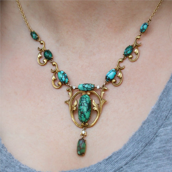 18kt Yellow Gold Art Nouveau Turquoise and Diamond Necklace