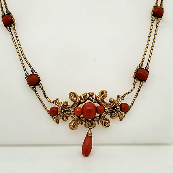 Antique Victorian 18kt Yellow Gold and Coral Necklace