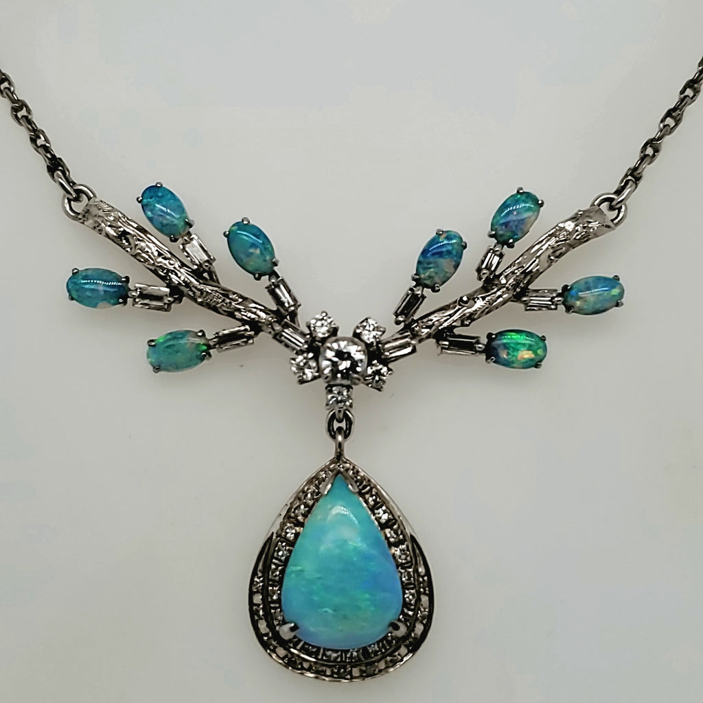 Vintage 14kt white Gold Opal and Diamond Necklace