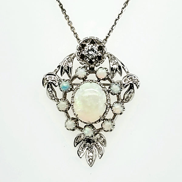 Vintage 14Kt White Gold Opal And Diamond Pendant/Brooch