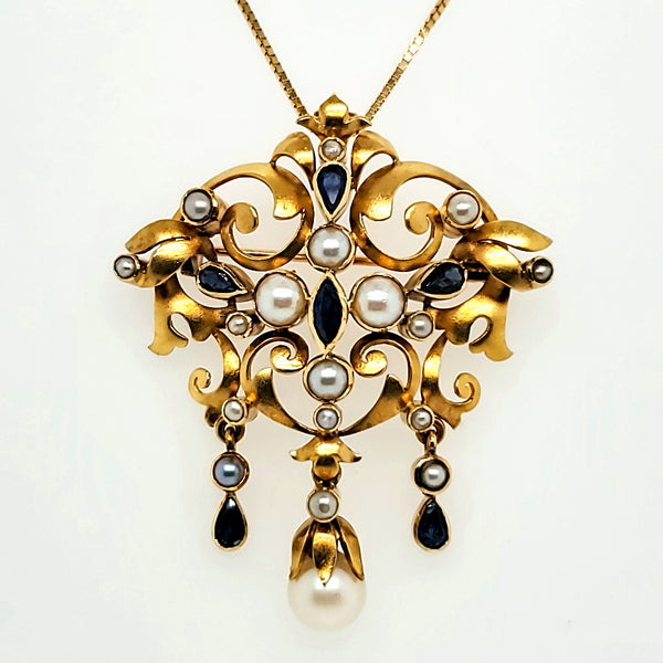 Edwardian 18kt Yellow Gold Sapphire and Pearl Pendant/Brooch