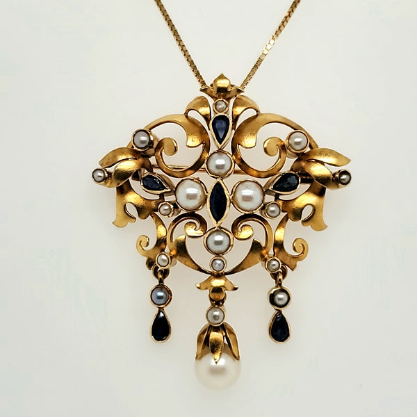 Edwardian 18kt Yellow Gold Sapphire and Pearl Pendant/Brooch
