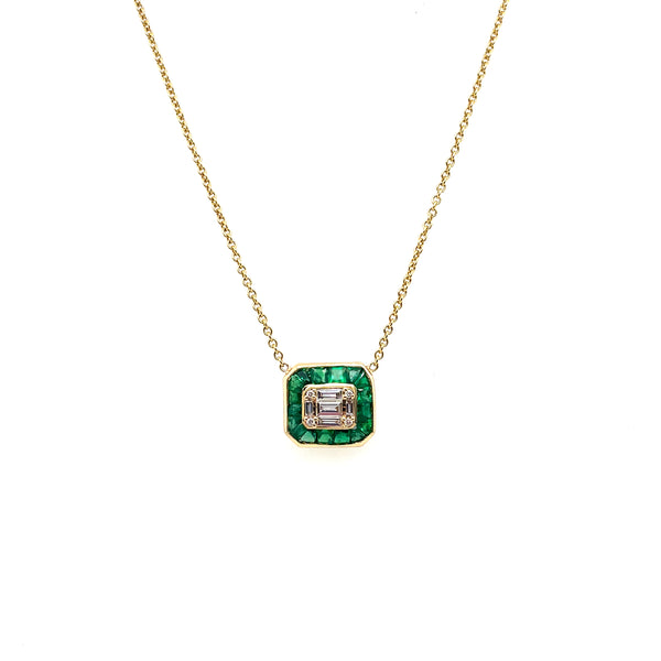 14kt Yellow Gold 1.10Cttw Emerald And Diamond Pendant On Cable Chain