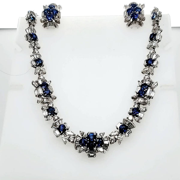 18kt White Gold Sapphire and Diamond Necklace and Earring Suite