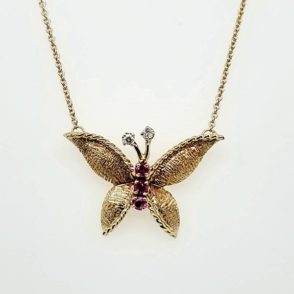 14Kt Yellow Gold Ruby and Diamond Butterfly Necklace