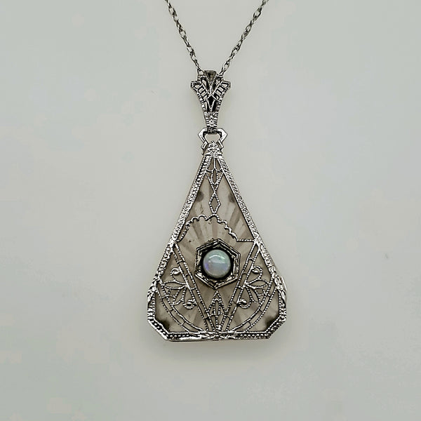 Art Deco 14kt White Gold Camphor Glass and Opal Pendant Necklace