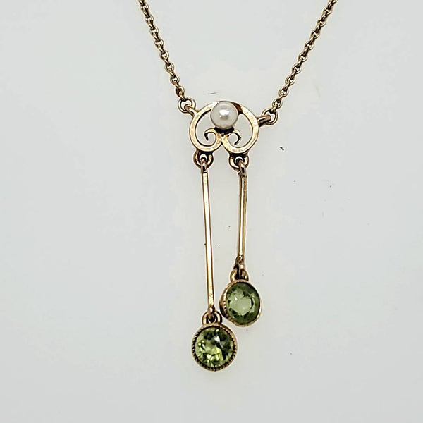 Antique 14kt Yellow Gold Peridot and Pearl Double Drop Necklace