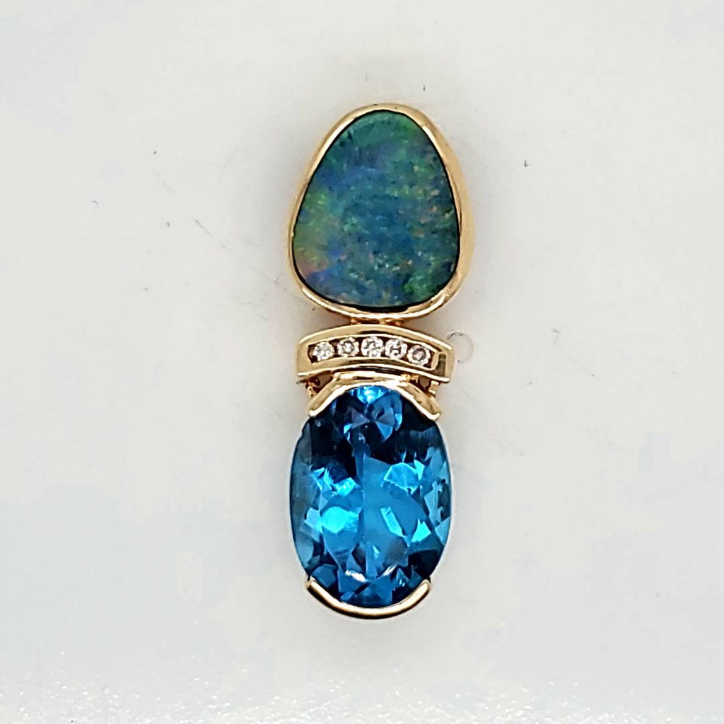 14kt Yellow Gold Australian Boulder Opal and Siss Blue Topaz Pendant