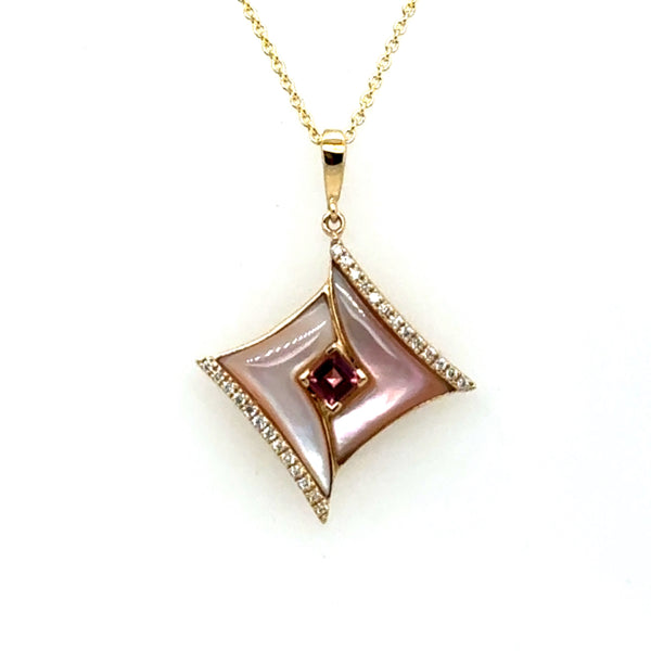 14Kt Yellow Gold Mother Of Pearl, Pink Tourmaline, And Diamond Necklace.