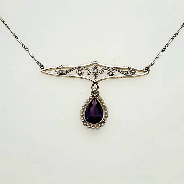 Art Nouveau Platinum on 14kt Yellow Gold Amethyst Diamond and Pearl Necklace