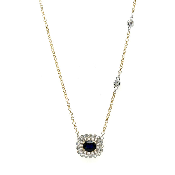 14kt Two Tone 1.21Ctw Blue Sapphire And Dimaond Necklace