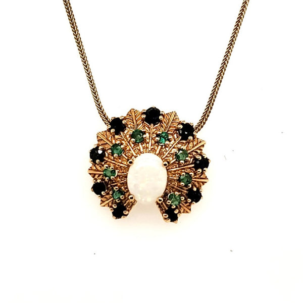 Vintage Mid-century 14kt Yellow Gold Opal Sapphire and Emerald Pendant Necklace