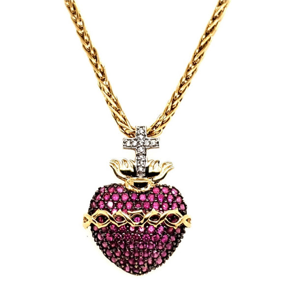 18kt Yellow Gold Ruby and Diamond Heart and Cross Pendant Necklace