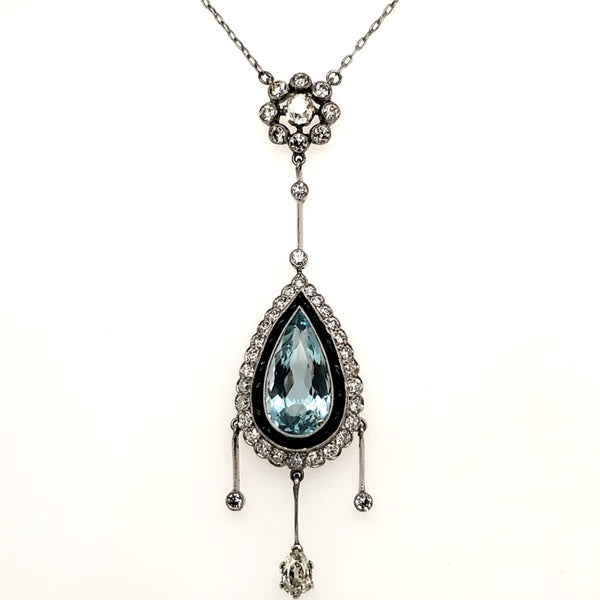 Art Deco Styel Platinum Aquamarine Onyx and Diamond Pendant Necklace