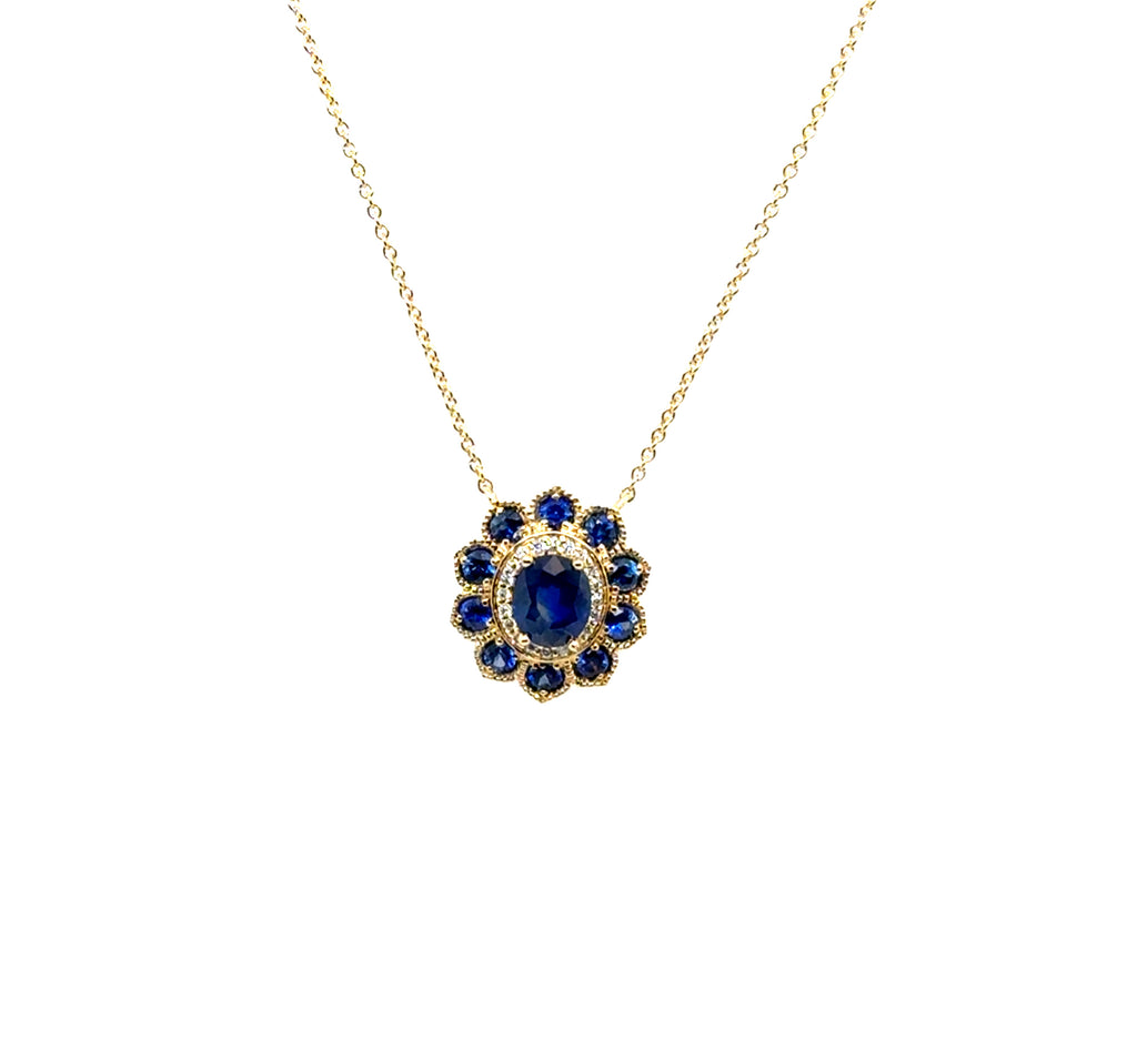 14kt Yellow Gold 1.56Ctw Sapphire And Diamond Floral Necklace