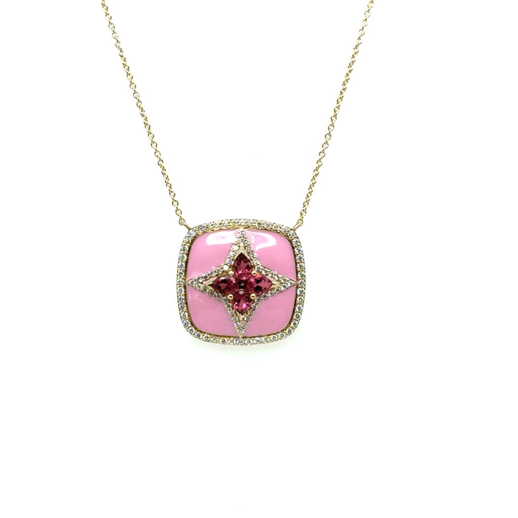 14kt Yellow Gold Pink Tourmaline and Diamond Star Design Necklace With Pink Enameling