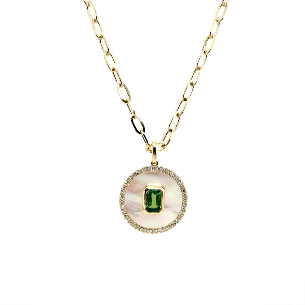 14Kt Yellow Gold Mother Of Pearl, Tsavorite Garnet, And Diamond Necklace.