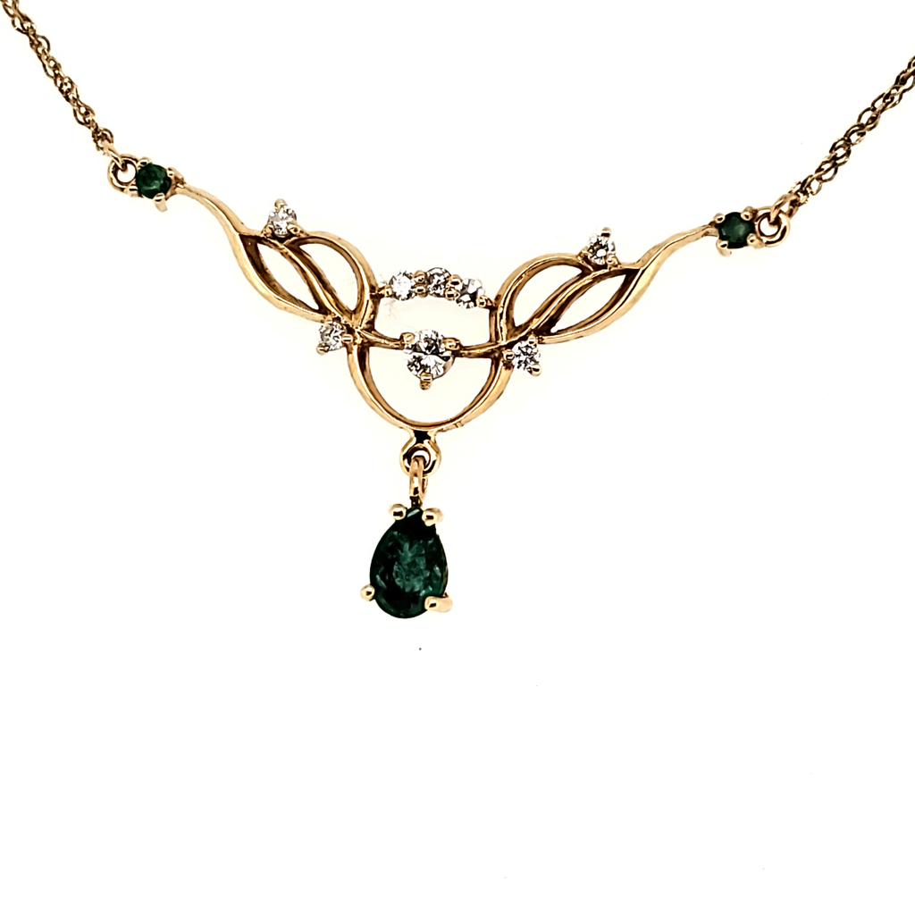 Vintage 14Kt Yellow Gold Emerald And Diamond Necklace