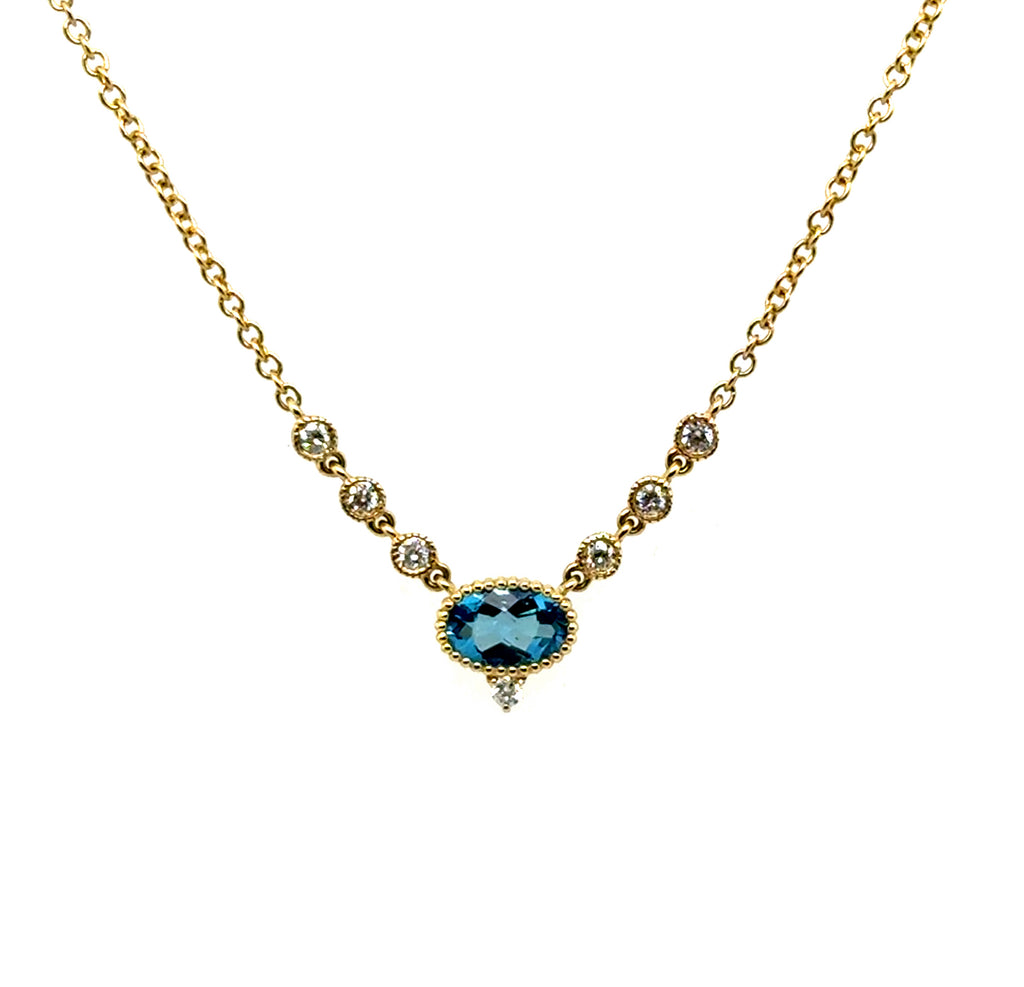 14kt Yellow Gold 0.65Ctw Oval Blue Topaz And Diamond Necklace