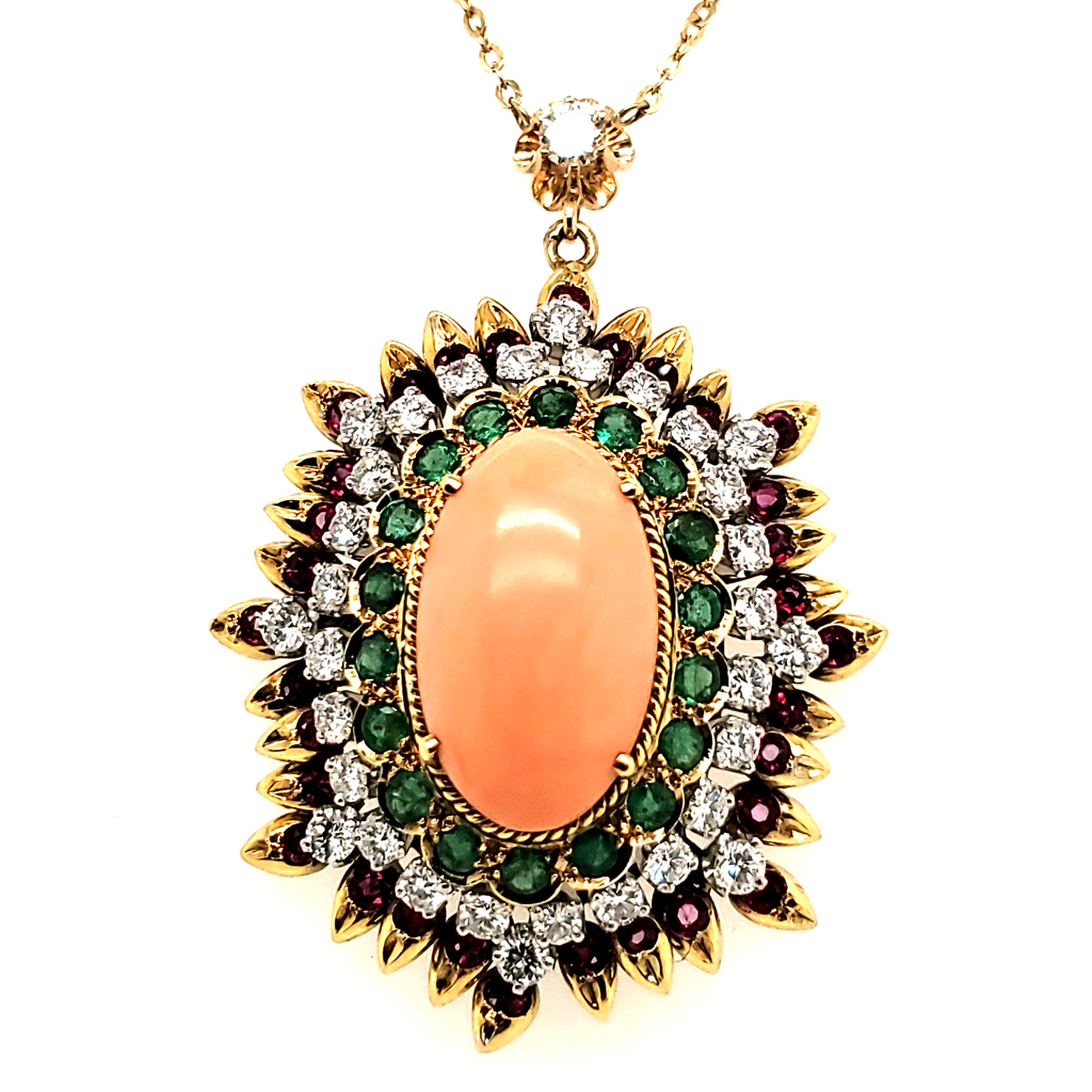 Important 18kt Yellow Gold Coral Diamond Ruby and Emerald Pendant Necklace