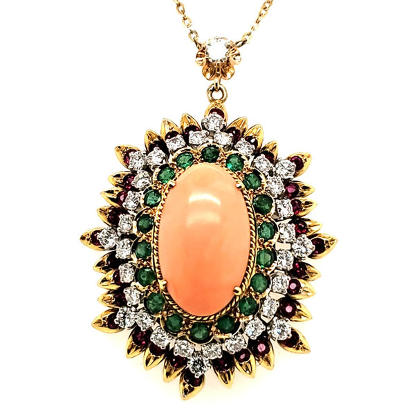 Important 18kt Yellow Gold Coral Diamond Ruby and Emerald Pendant Necklace