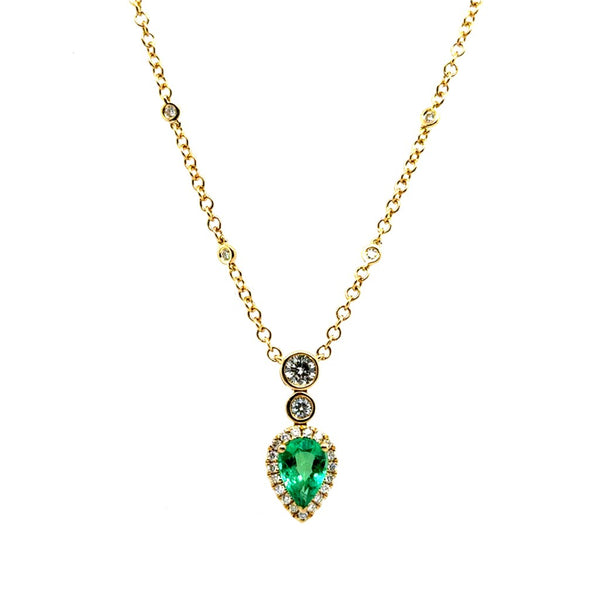 18kt Yellow Gold Pear Shape Emerald And Diamond Necklace