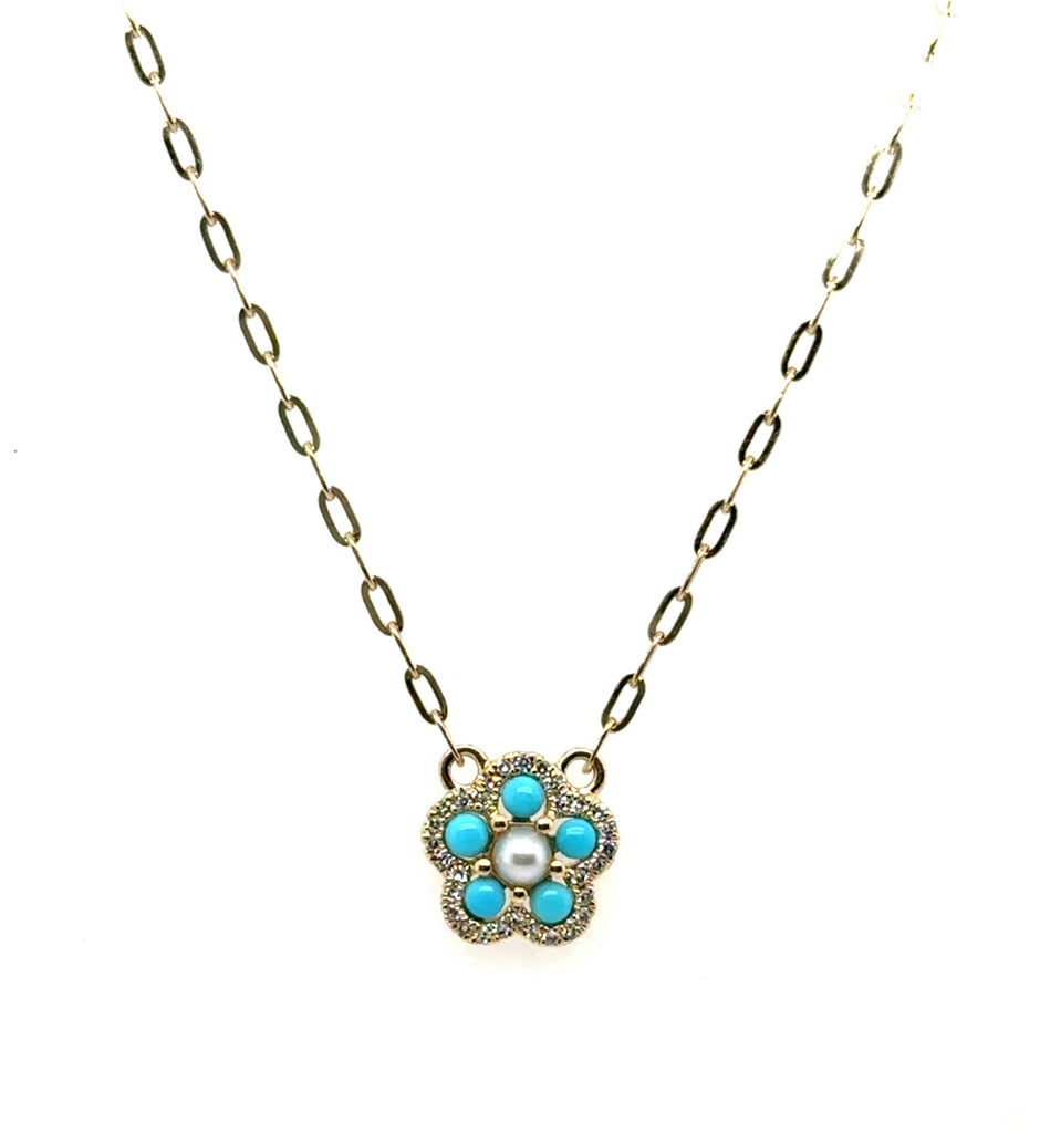 14kt Yellow Gold Turquoise, Pearl And Diamond Floral Necklace