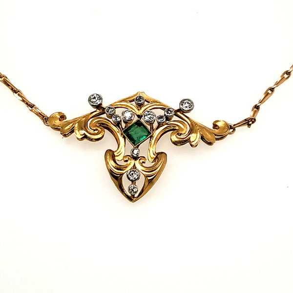 Edwardian/Art Nouveau 18kt Yellow Gold Emerald And Diamond Necklace