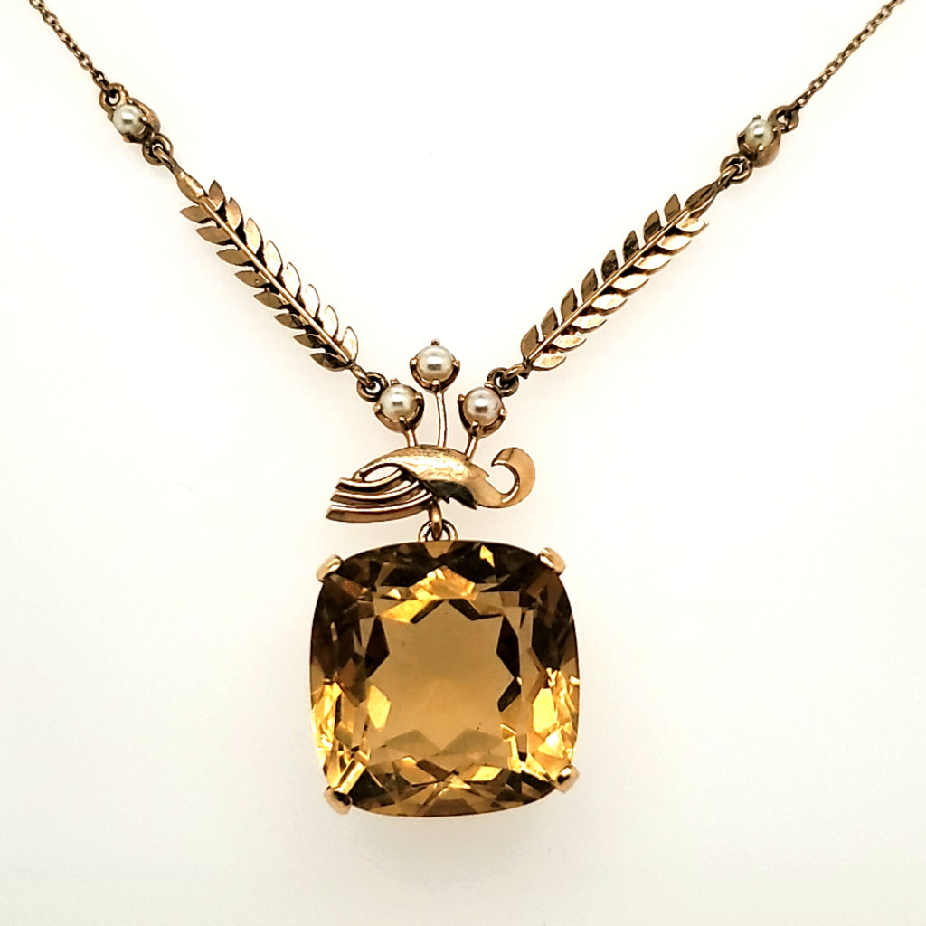 Vintage 14Kt Yellow Gold Cushion Cut Citrine and Seed Pearl Necklace