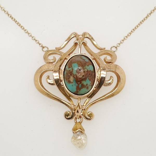 14kt Yellow Gold Art Nouveau Turquoise and Pearl Necklace
