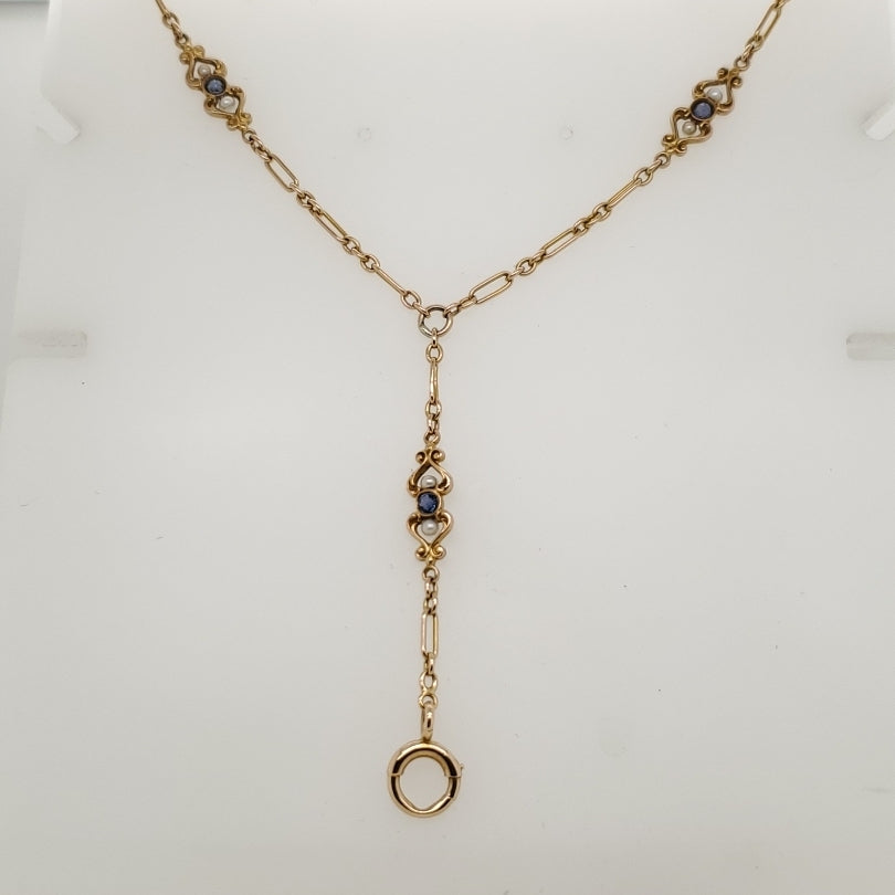 Art Nouveau 14kt Yellow Gold sapphire and Natural Pearl Y Necklace