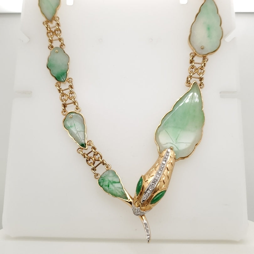 Vintage Hand Made 18Kt Yellow Gold Jadeite Jade And Diamond Snake Necklace