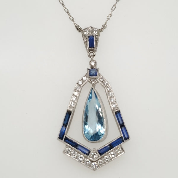 Modern Art Deco Style Platinum Aquamarine Sapphire and Diamond  Necklace