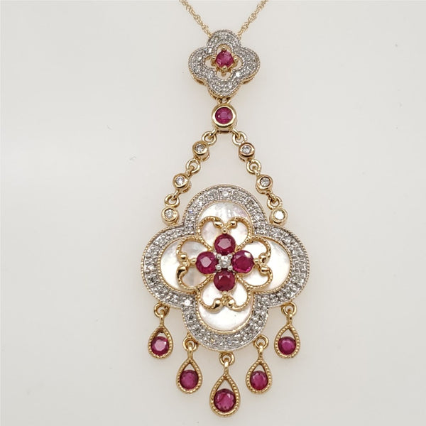 14kt Yellow Gold Mother of Pearl Ruby and Diamond Pendant Necklace