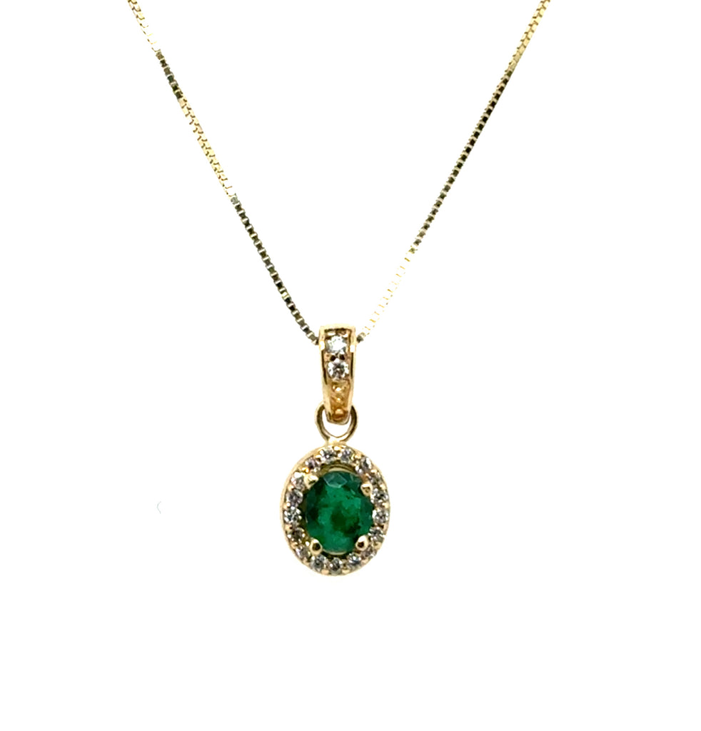 0.58 Ctw 14Kt Yellow Gold Emerald And Halo Diamond Necklace