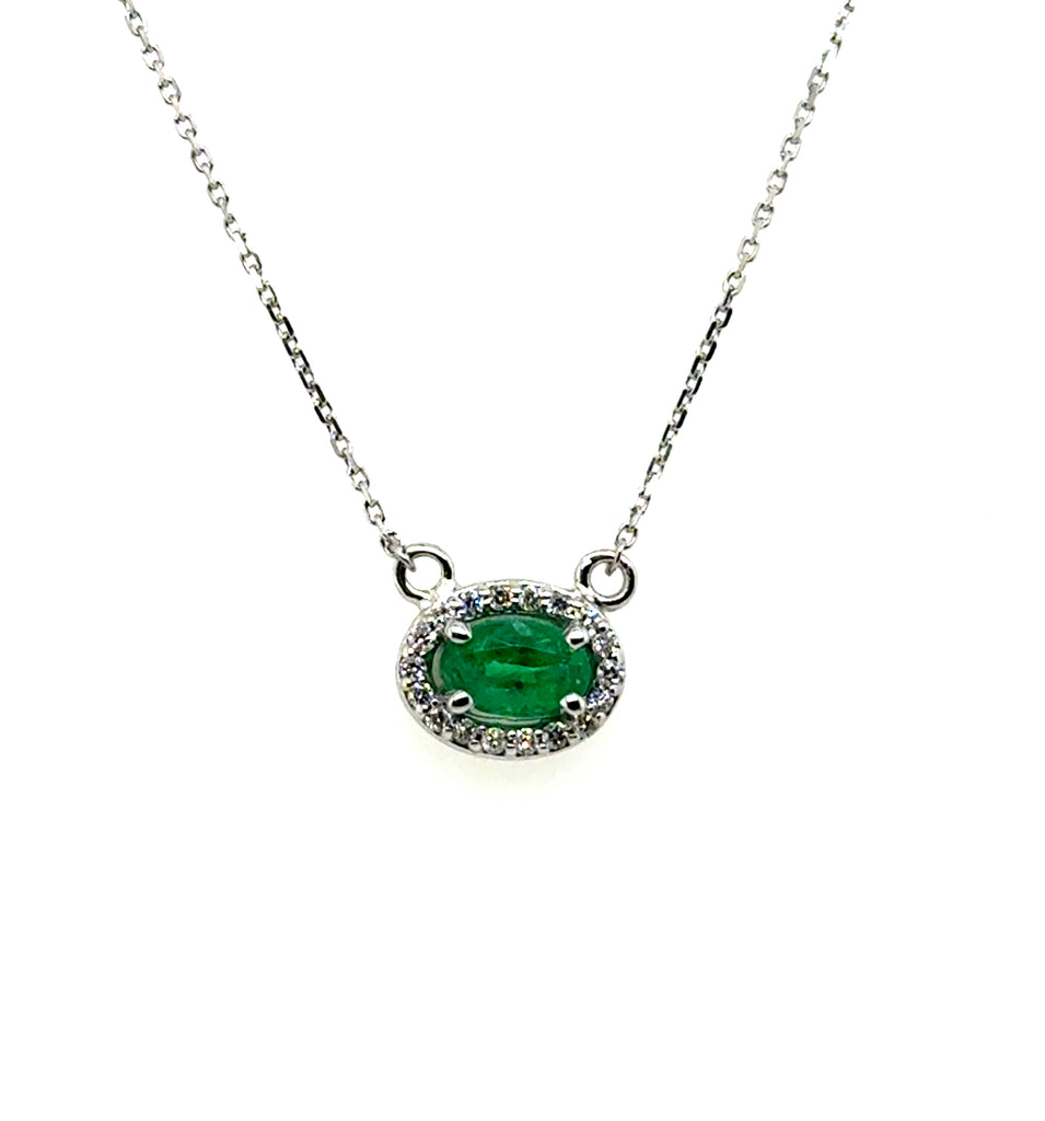 0.65 Ct 14kt White Gold Emerald And Halo Diamond Necklace