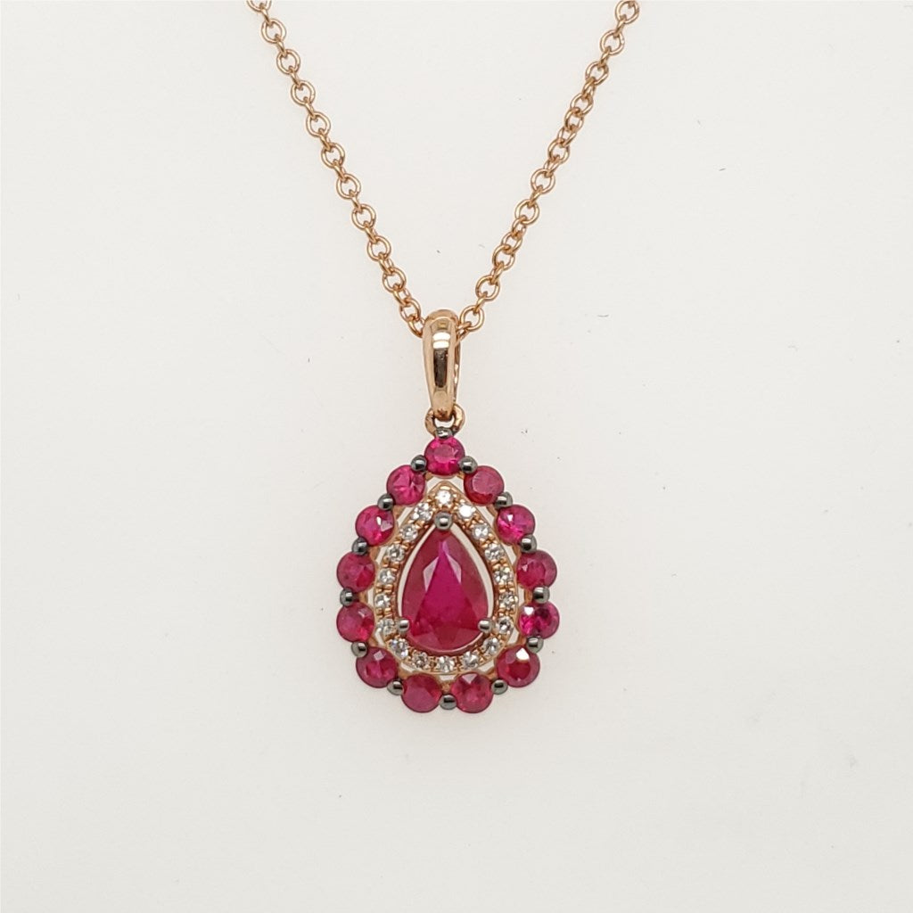 Effy 14kt Rose Gold Ruby and Diamond Pear Shaped Pendant Necklace