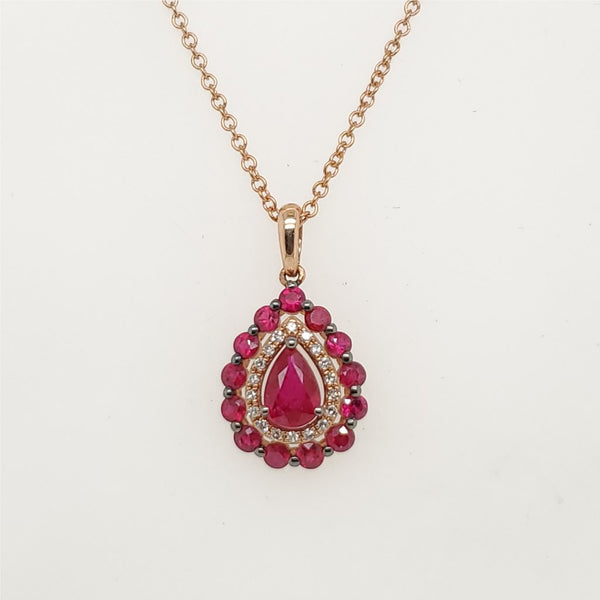 Effy 14kt Rose Gold Ruby and Diamond Pear Shaped Pendant Necklace