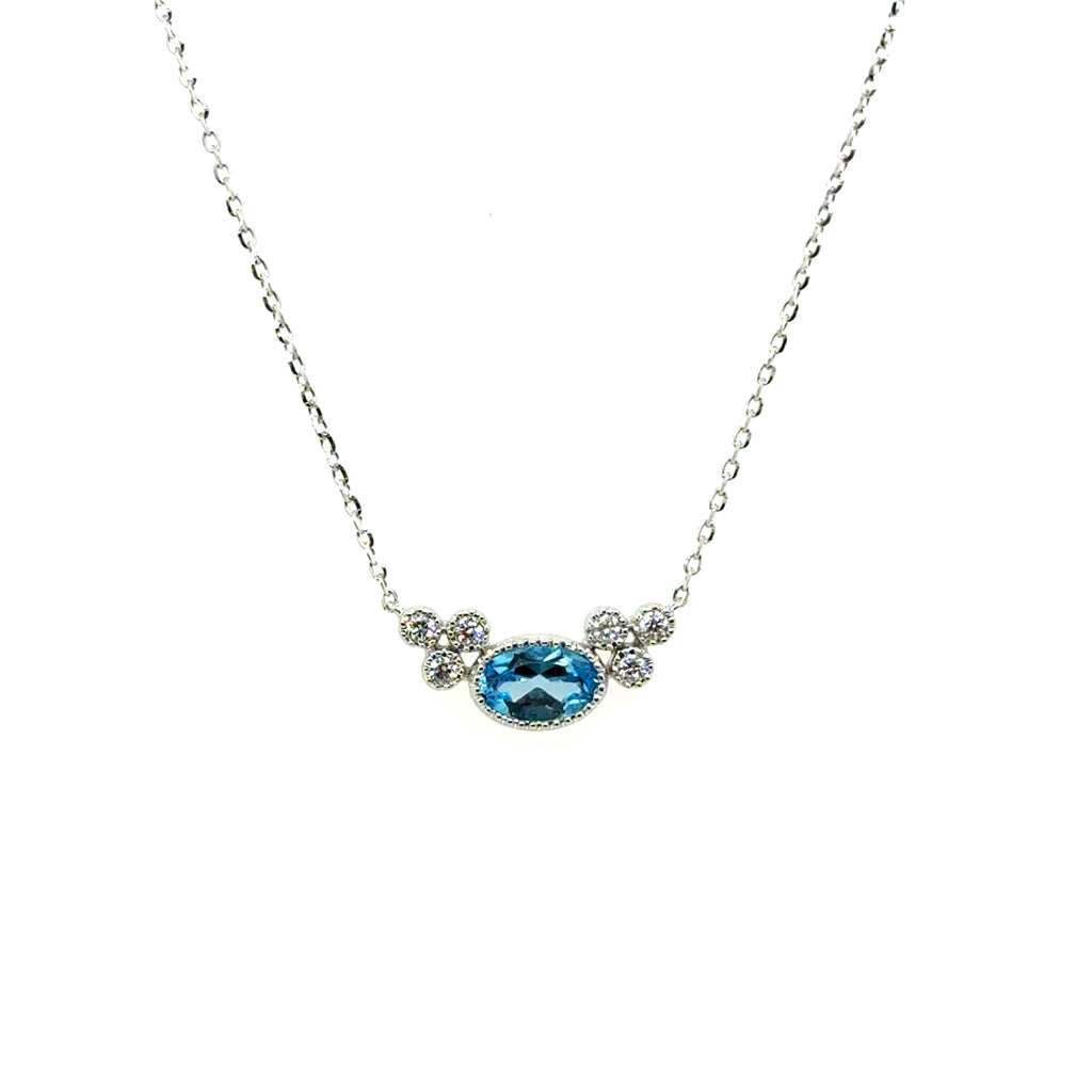 .62Ctw 14kt White Gold Blue Topaz And Diamond East to West Necklace