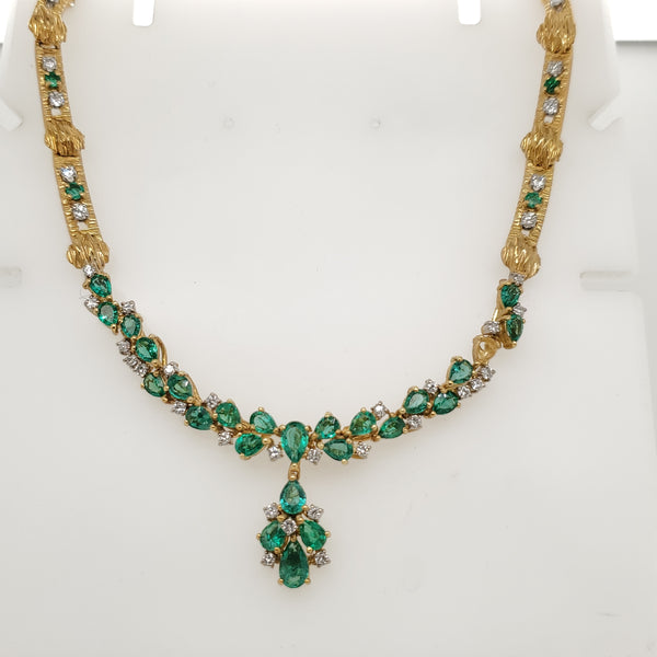 Vintage Peter Lindeman 18kt Yellow Gold Emerald and Diamond Necklace