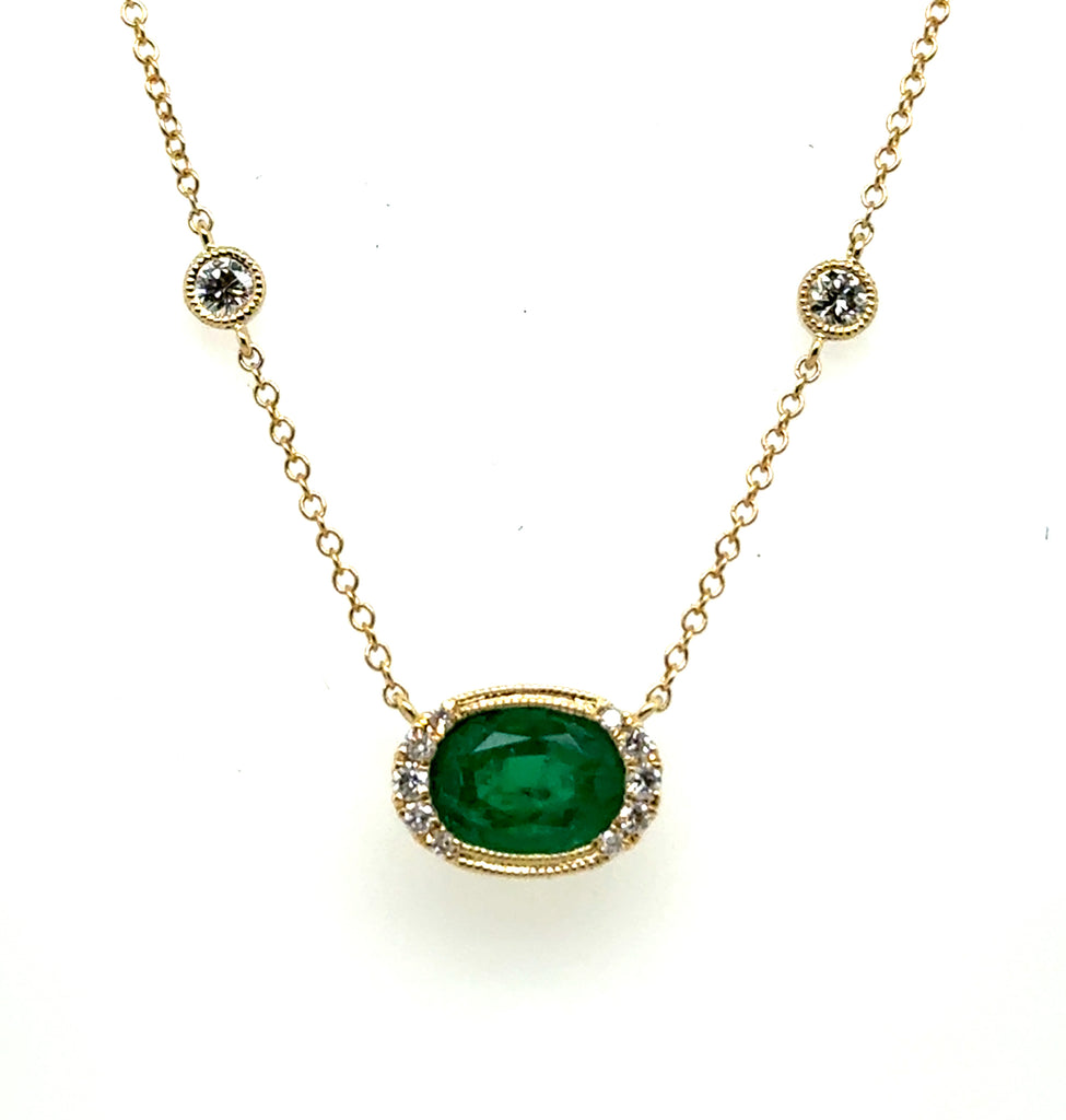 1.39 Cttw 14kt Yellow Gold Oval Emerald And Diamond Necklace